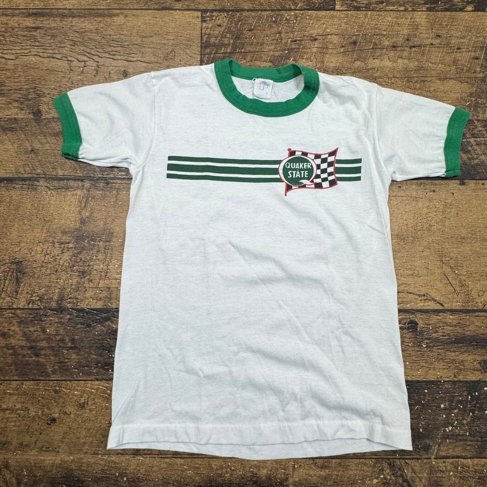 Kids Quaker State Ringer T Shirt White Green Vintage Youth‎ Size Small Racing